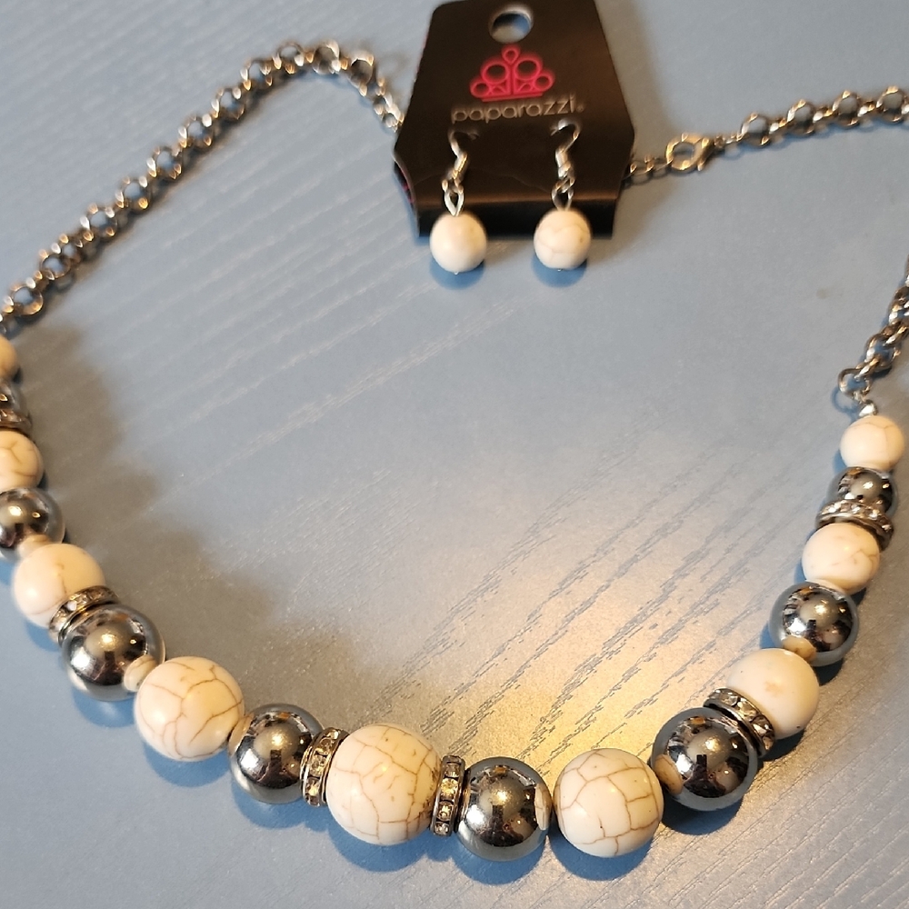 Paparazzi Cream and Silver Beaded Necklace Set